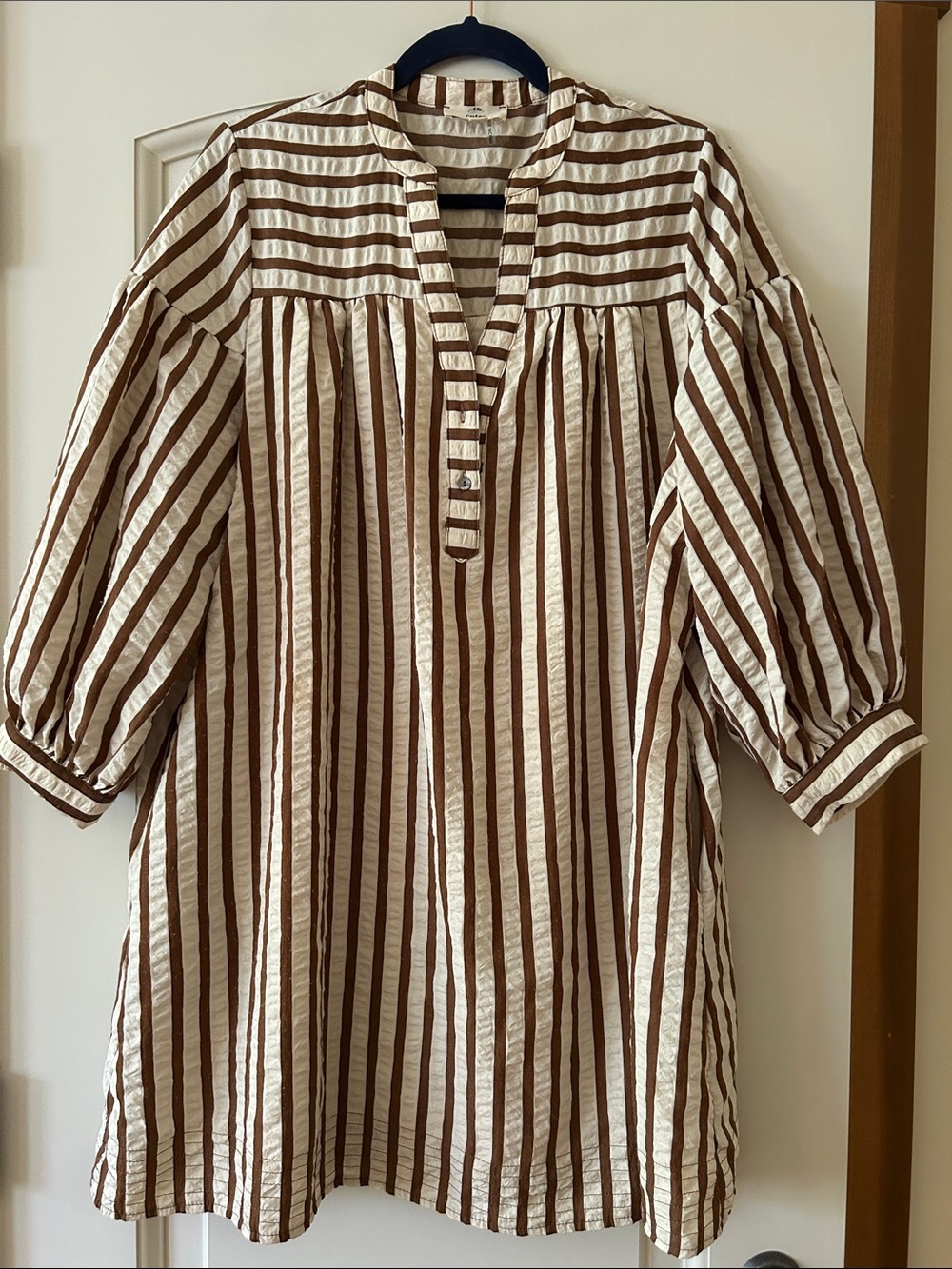 entro Cream and Brown Striped Puff Sleeve Mini Dress